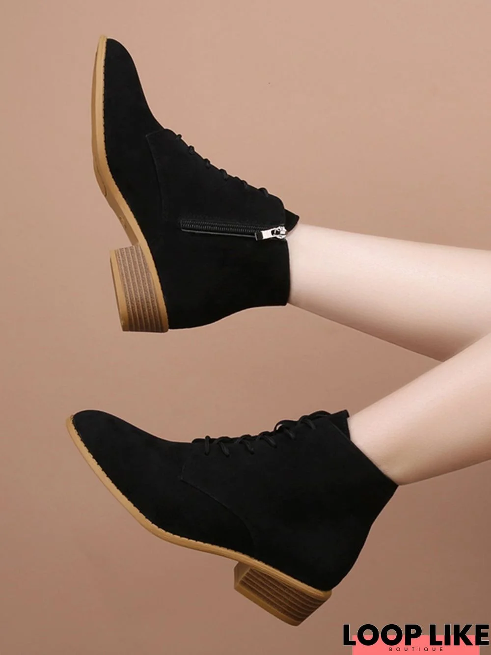 Fleece Lace-Up Zip-Up Simple Chunky Heel Booties