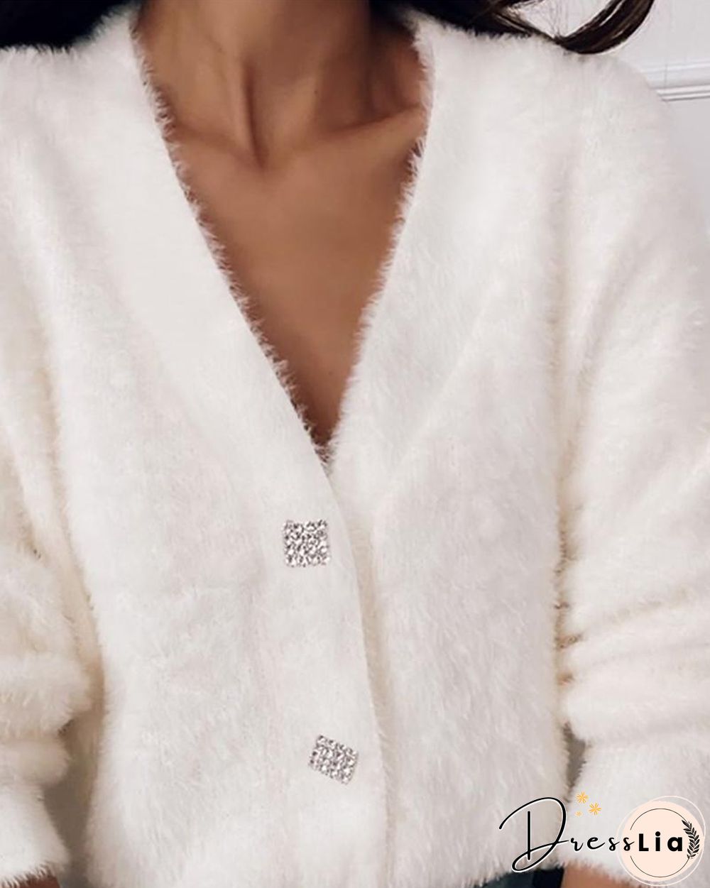 Button Decor Fluffy Cardigan P10391