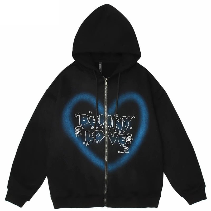 Y2K Hip Hop Harajuku Coat Jacket Graffiti Heart Letter Bear Print Zip-up Hoodie Women Autumn Long Sleeve Sweatshirt E-girl