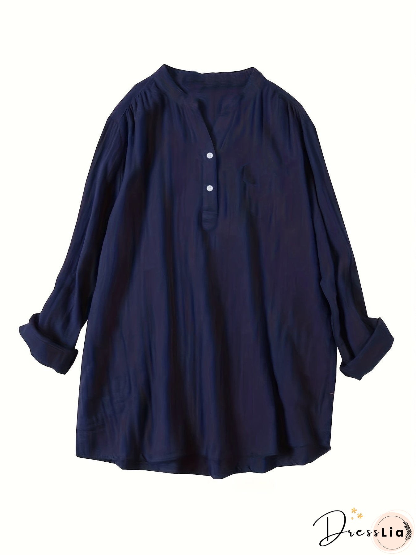 Plus Size Casual Blouse, Women's Plus Solid Long Sleeve Notched Neck Ruched Back Round Hem Slight Stretch Henley Blouse With Pocket