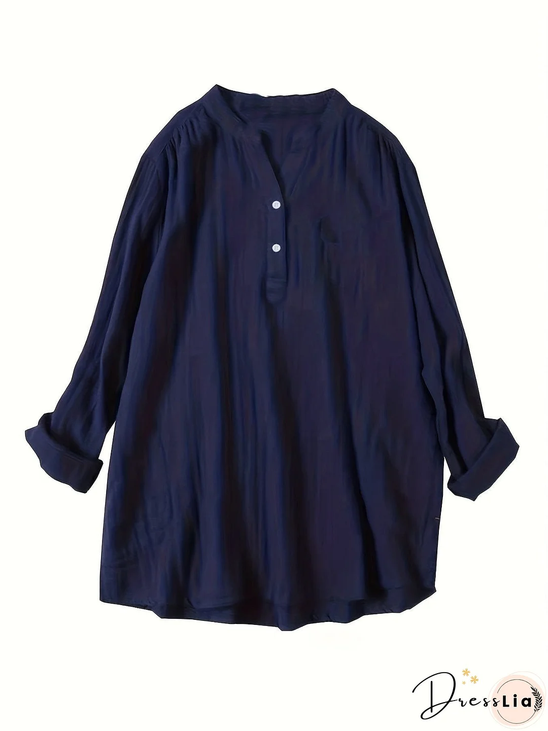 Plus Size Casual Blouse, Women's Plus Solid Long Sleeve Notched Neck Ruched Back Round Hem Slight Stretch Henley Blouse With Pocket