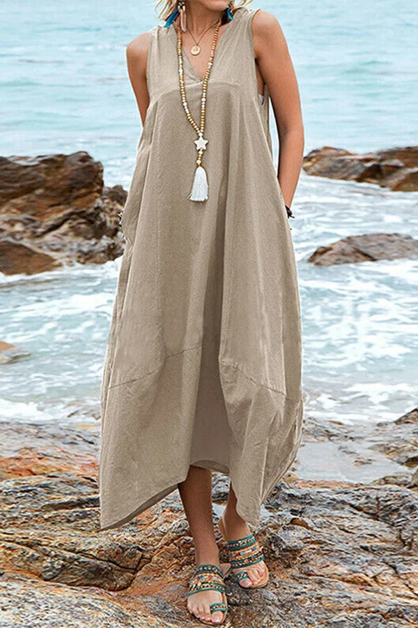 Women's Sleeveless Back-tie V Neck Pocket Loose Dress