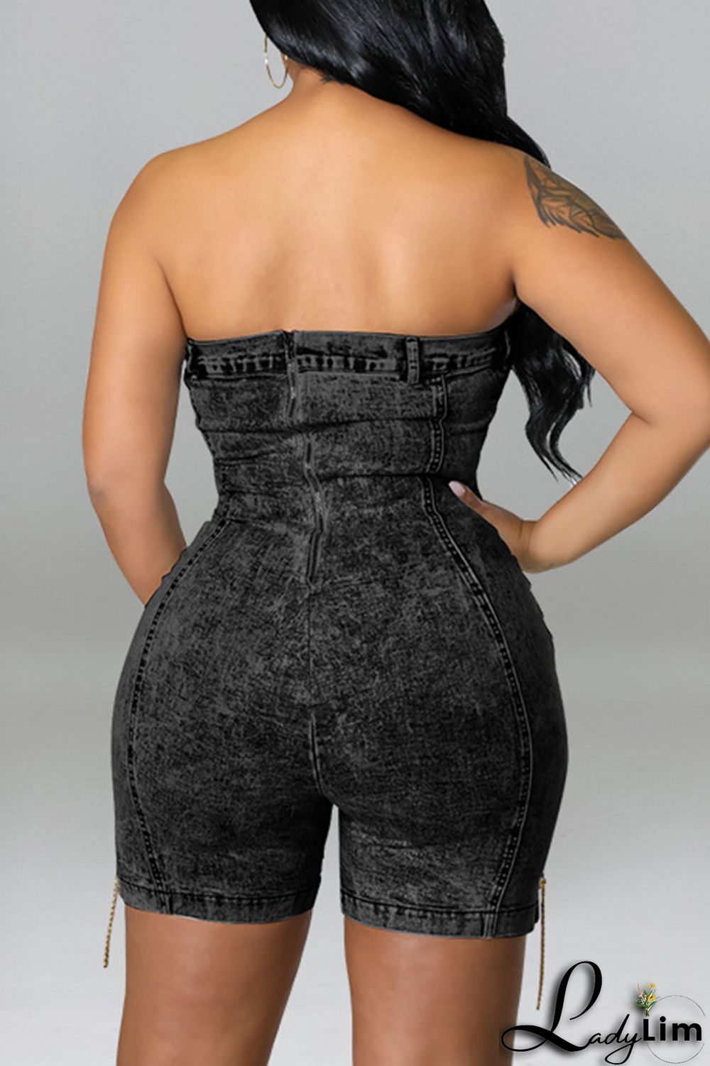 Deep Blue Fashion Sexy Solid Chains Backless Strapless Skinny Romper