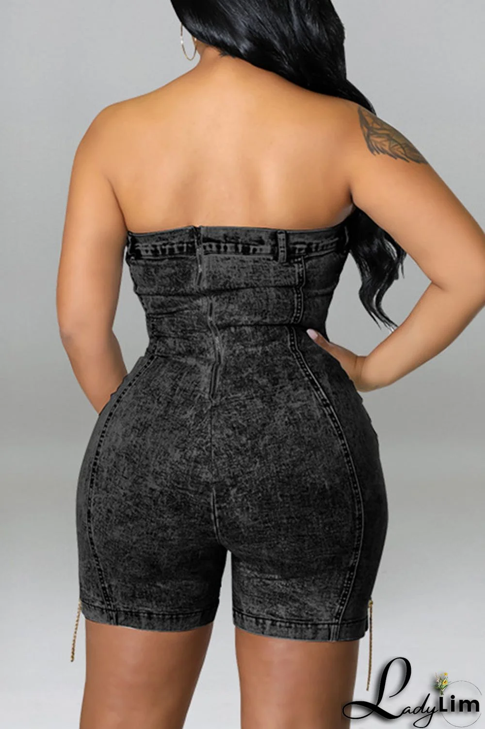 Deep Blue Fashion Sexy Solid Chains Backless Strapless Skinny Romper