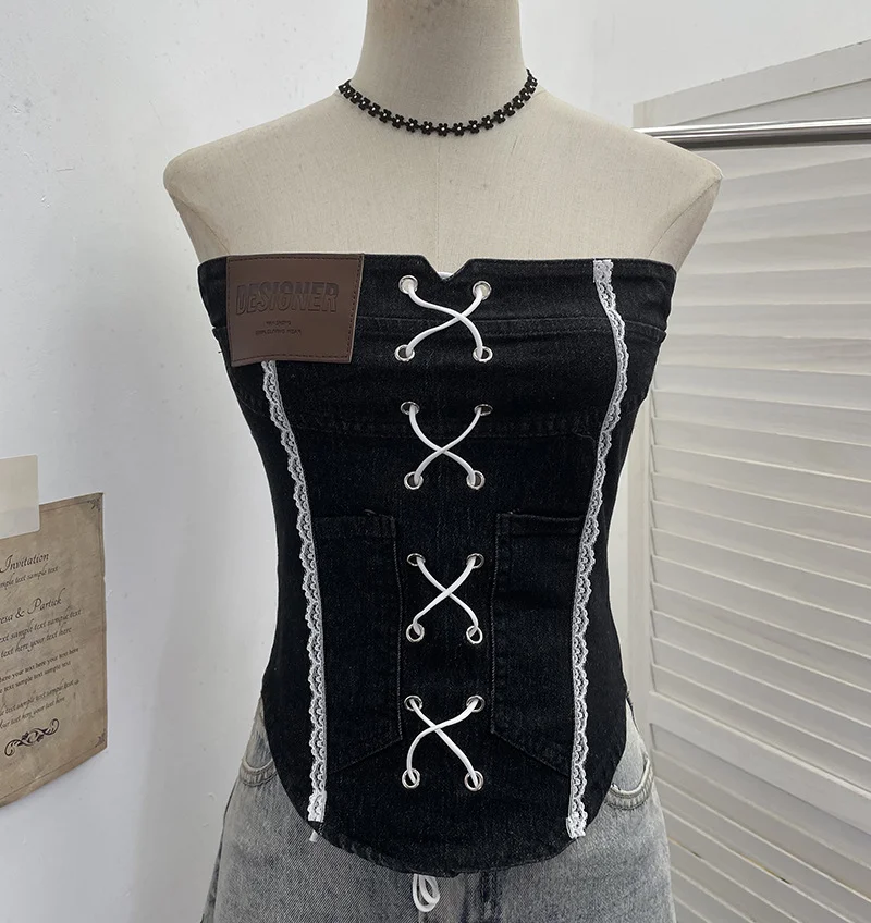 Nigikala Nigikala Sexy Water Wash Denim Pocket Spliced Lace Bra Design Without Strap Vest 2753