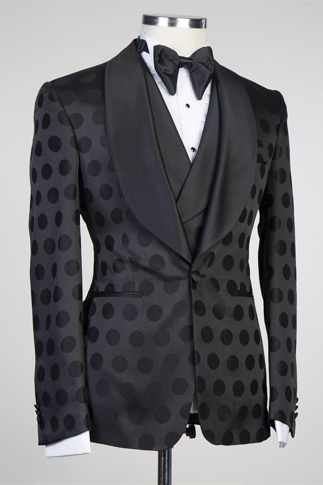 Fashion Black Pattern Slim Fit Shawl Lapel Three Pieces Men Suits - lulusllly
