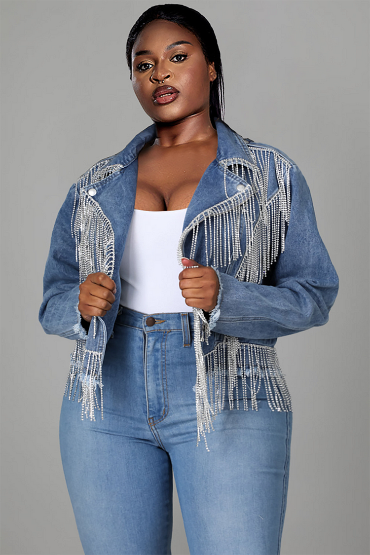 Xpluswear Design Plus Size Casual Jacket Blue Short Fall Winter Turndown Collar Long Sleeve Strappy Denim Jacket [Pre-Order]