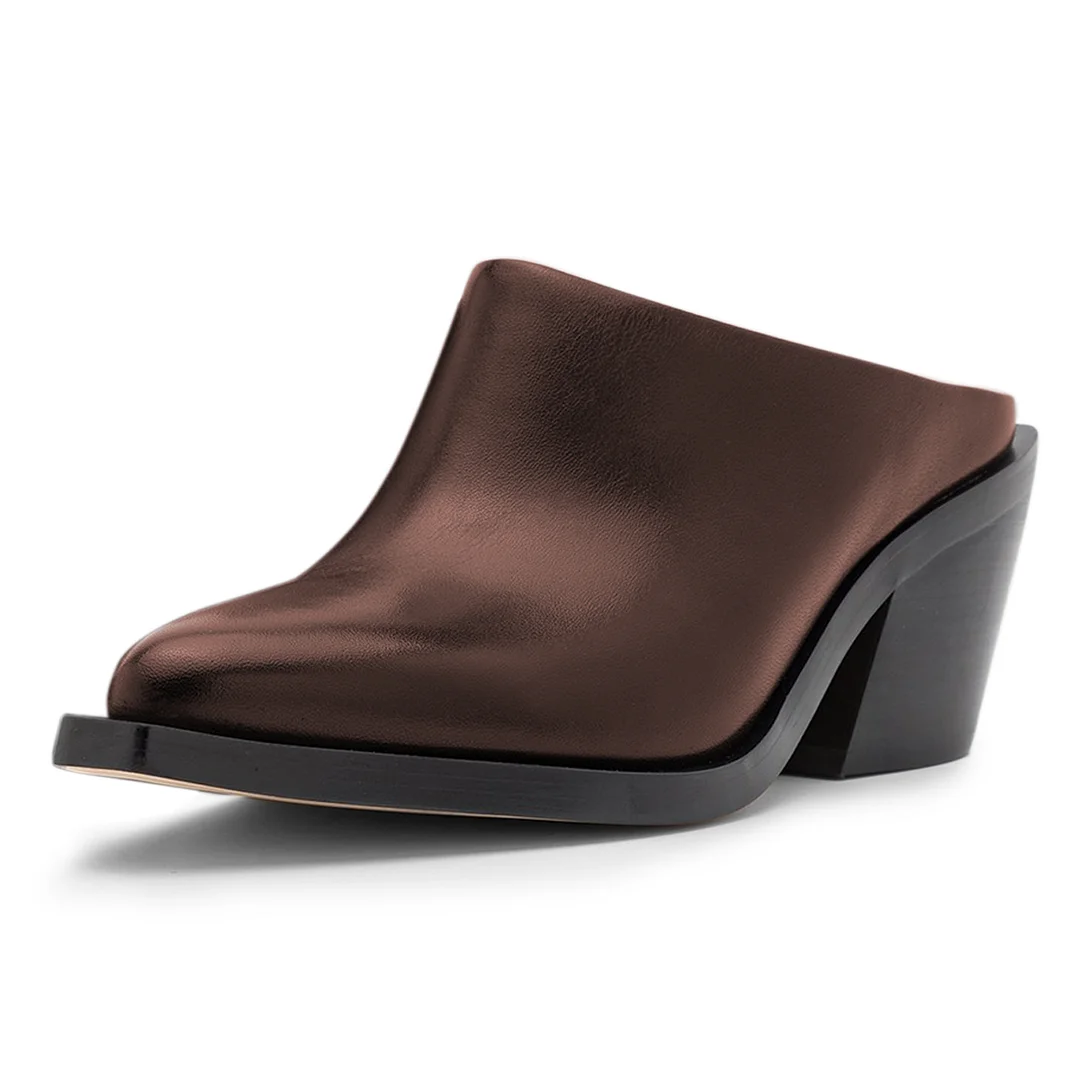 Dark Brown Vegan Leather Snip Toe Block Heel Vintage Mules Shoes