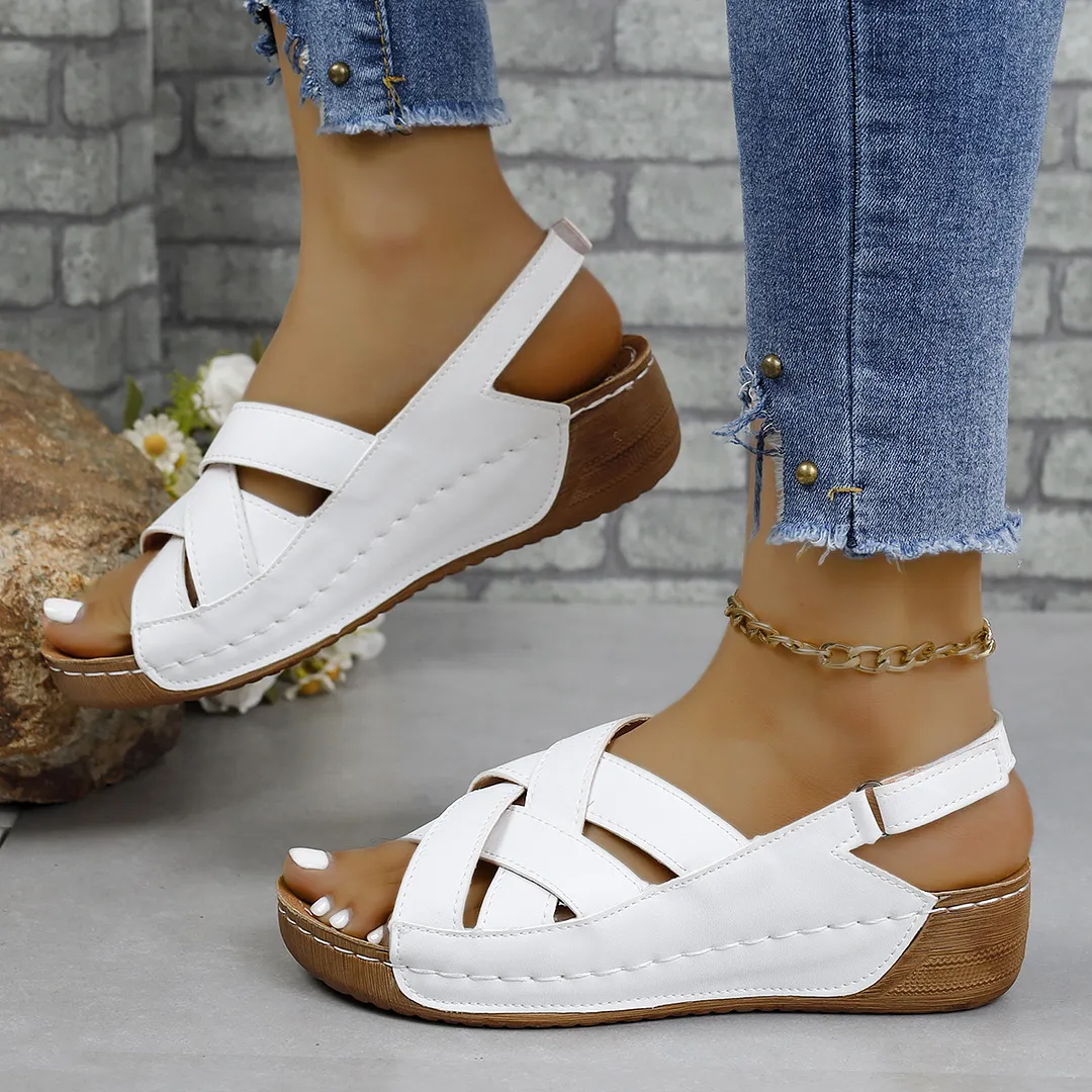 Breakj Breakj New Summer Women's Slope Sandals Thick Sole Buckle With Fish Mouth Sandals Pure-Colored Slope Heel Sandals