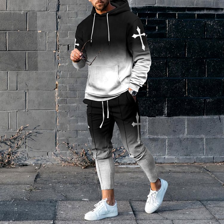 Men's Gradient Faith Cross Print 2 Piece Hoodie and Sweatpants Set