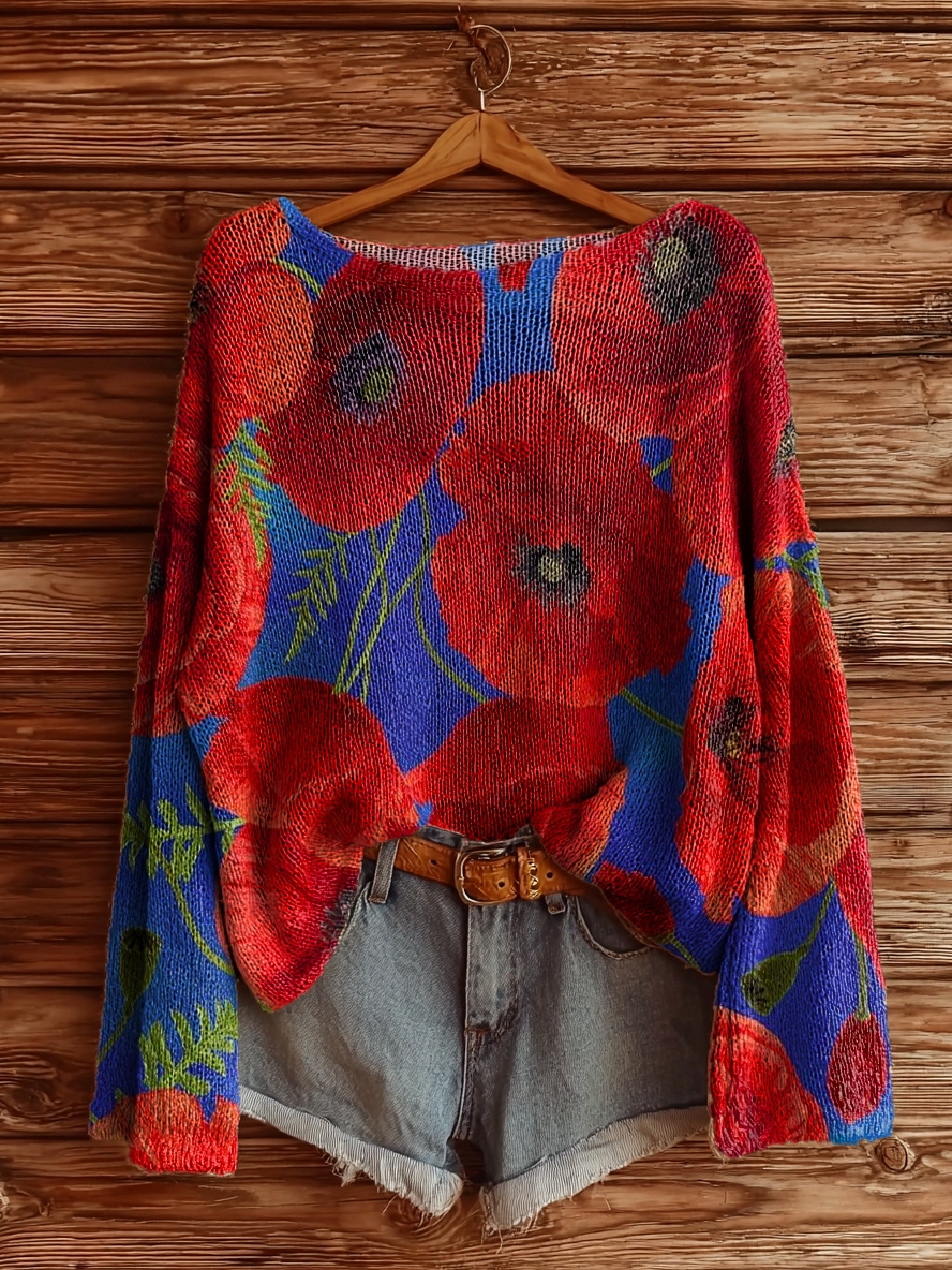 Women's Floral Art Pattern Print Casual Pullover Sweater
