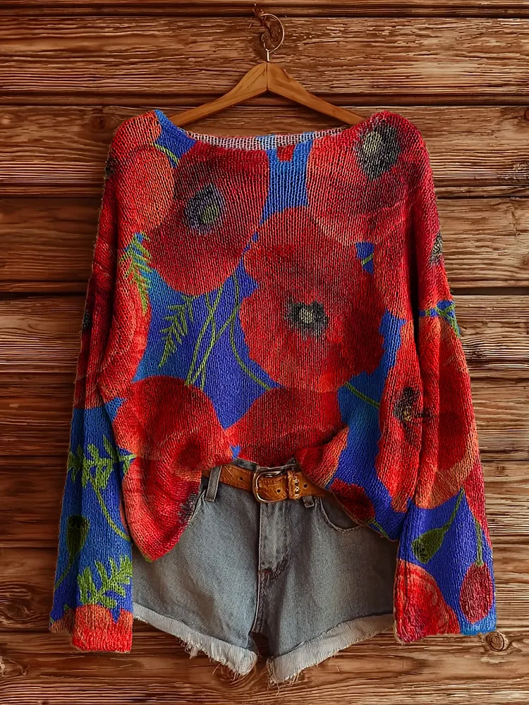 Women's Floral Art Pattern Print Casual Pullover Sweater