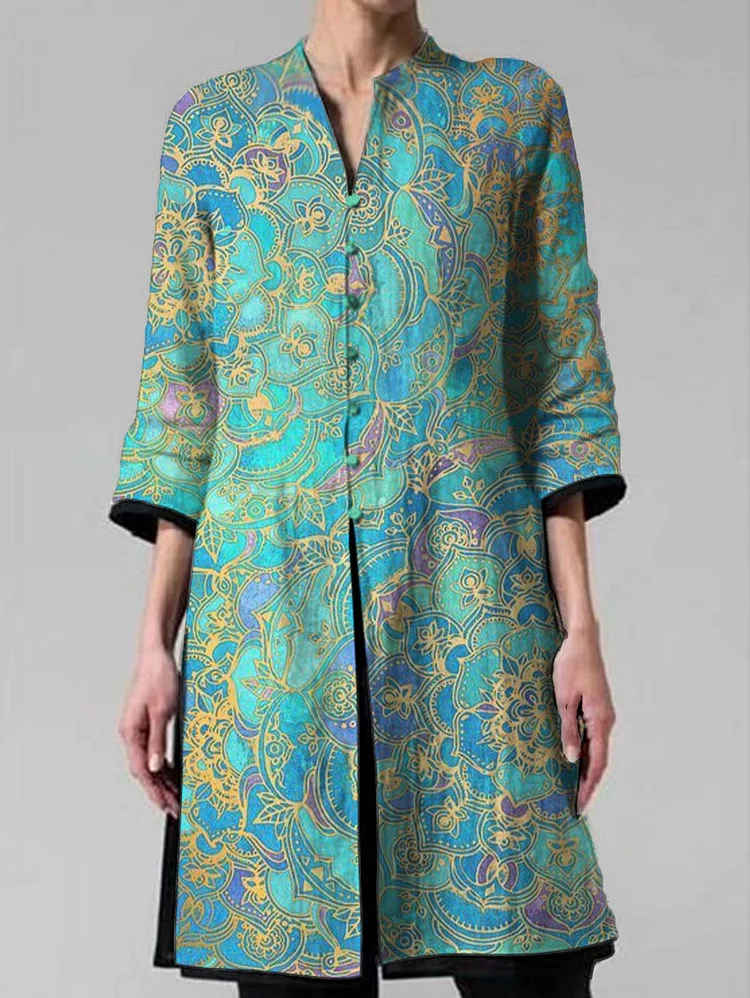 Ursime Stand Collar Ethnic Style Printed Casual Coat