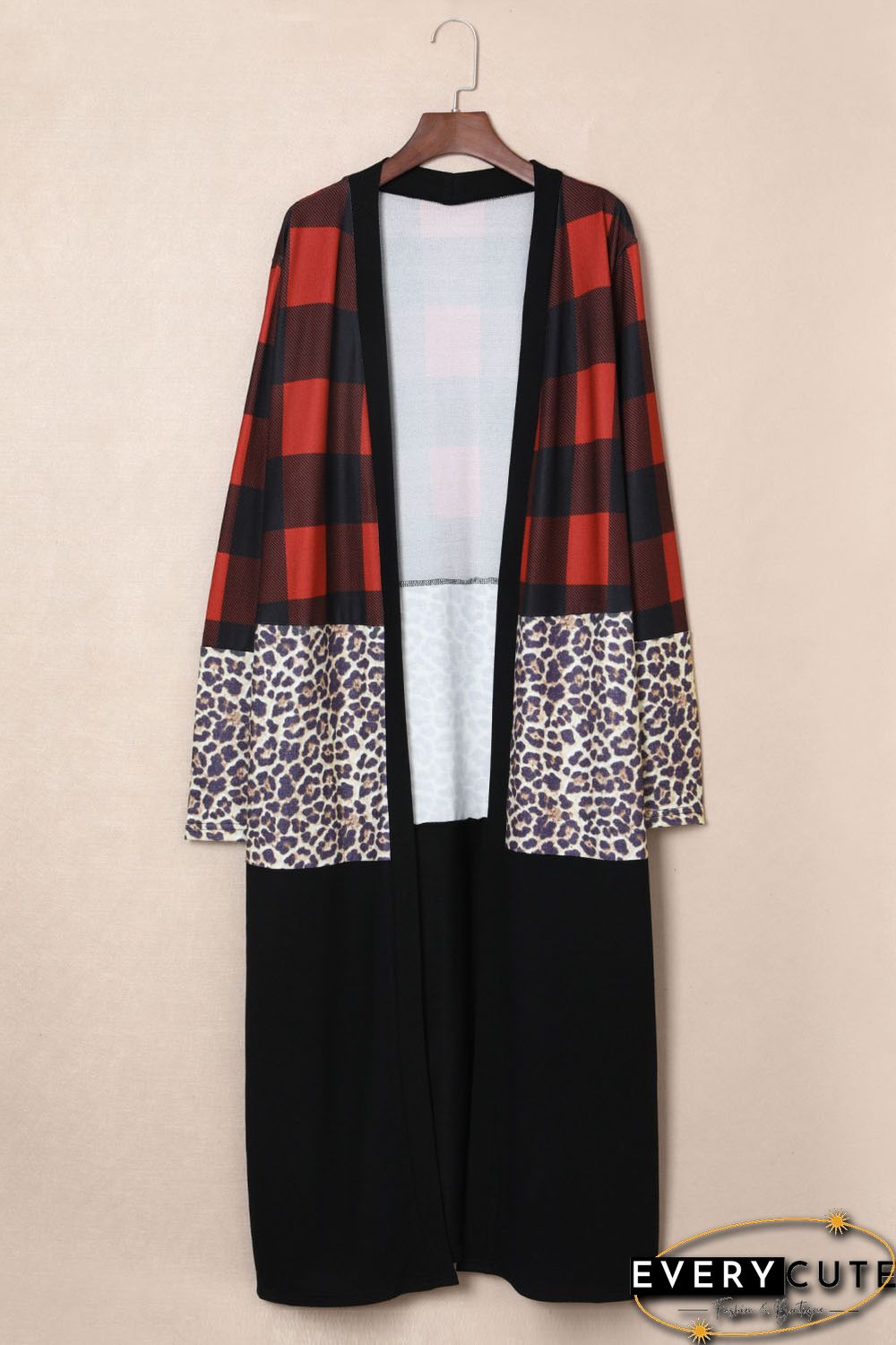 Red Buffalo Plaid Leopard Colorblock Plus Size Duster Cardigan