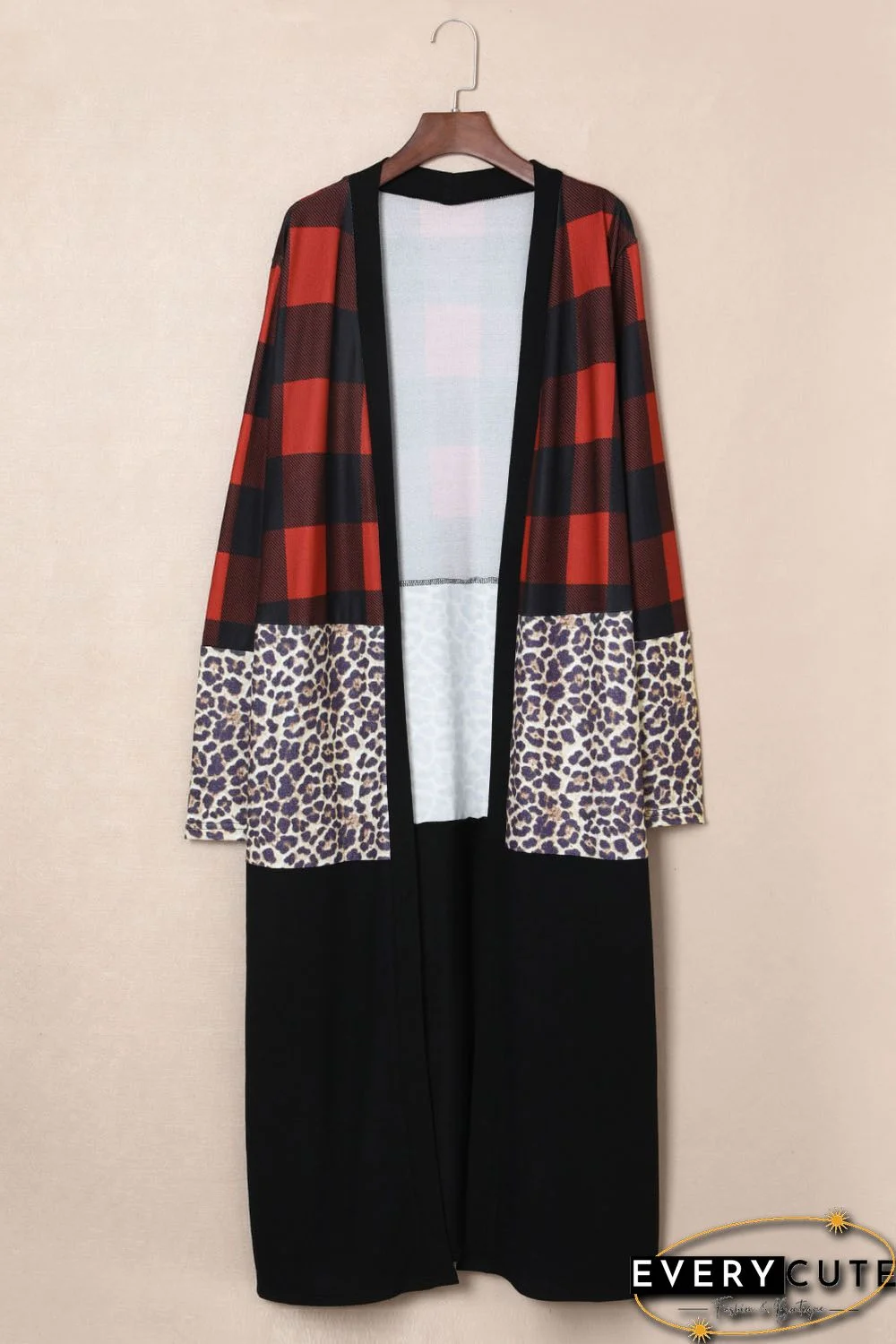 Red Buffalo Plaid Leopard Colorblock Plus Size Duster Cardigan