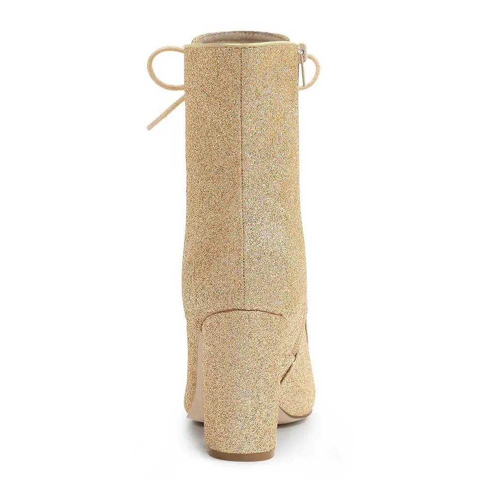 Eye-Catching Gold Pointed Toe Lace Up Side Zipper Glitter Boots