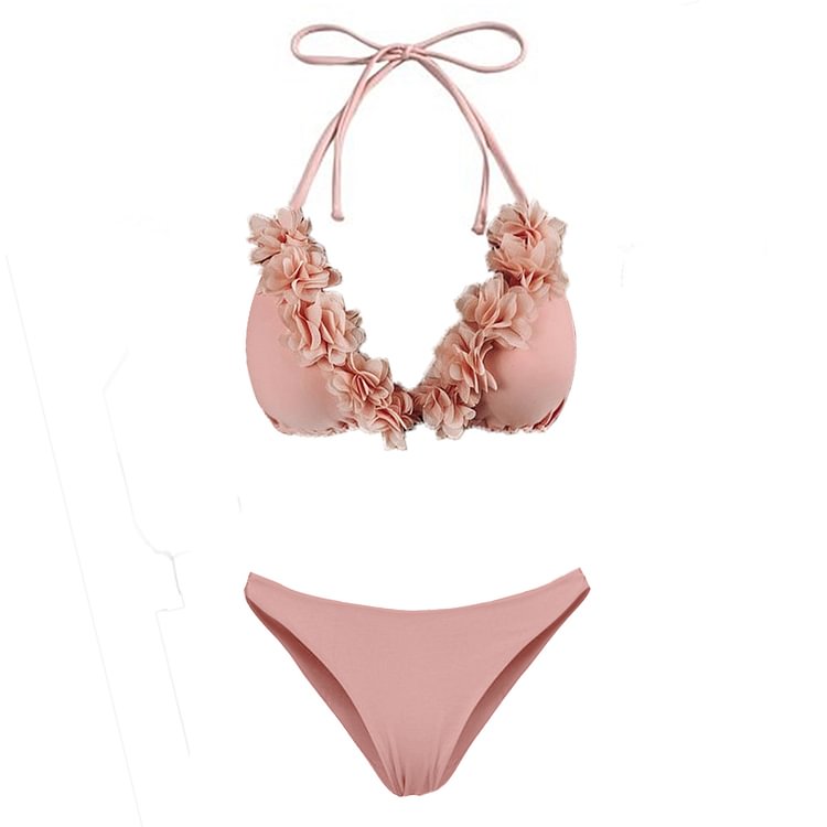 Flaxmaker Appliques Triangle Halter Bikini Swimsuit