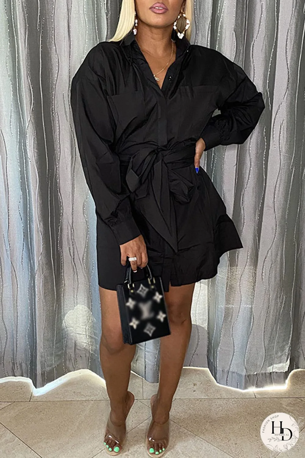 Black Casual Solid Pocket With Belt Turndown Collar A Line Dresses