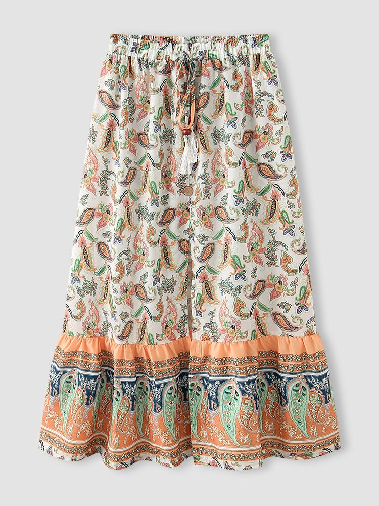 Paisley Print Drawstring Button Slit Bohemian Women Skirt