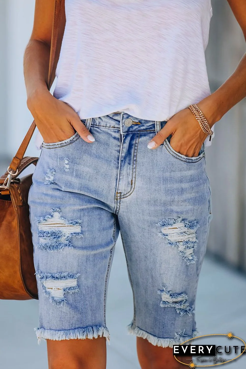 Light Blue Distressed Denim Bermuda Shorts