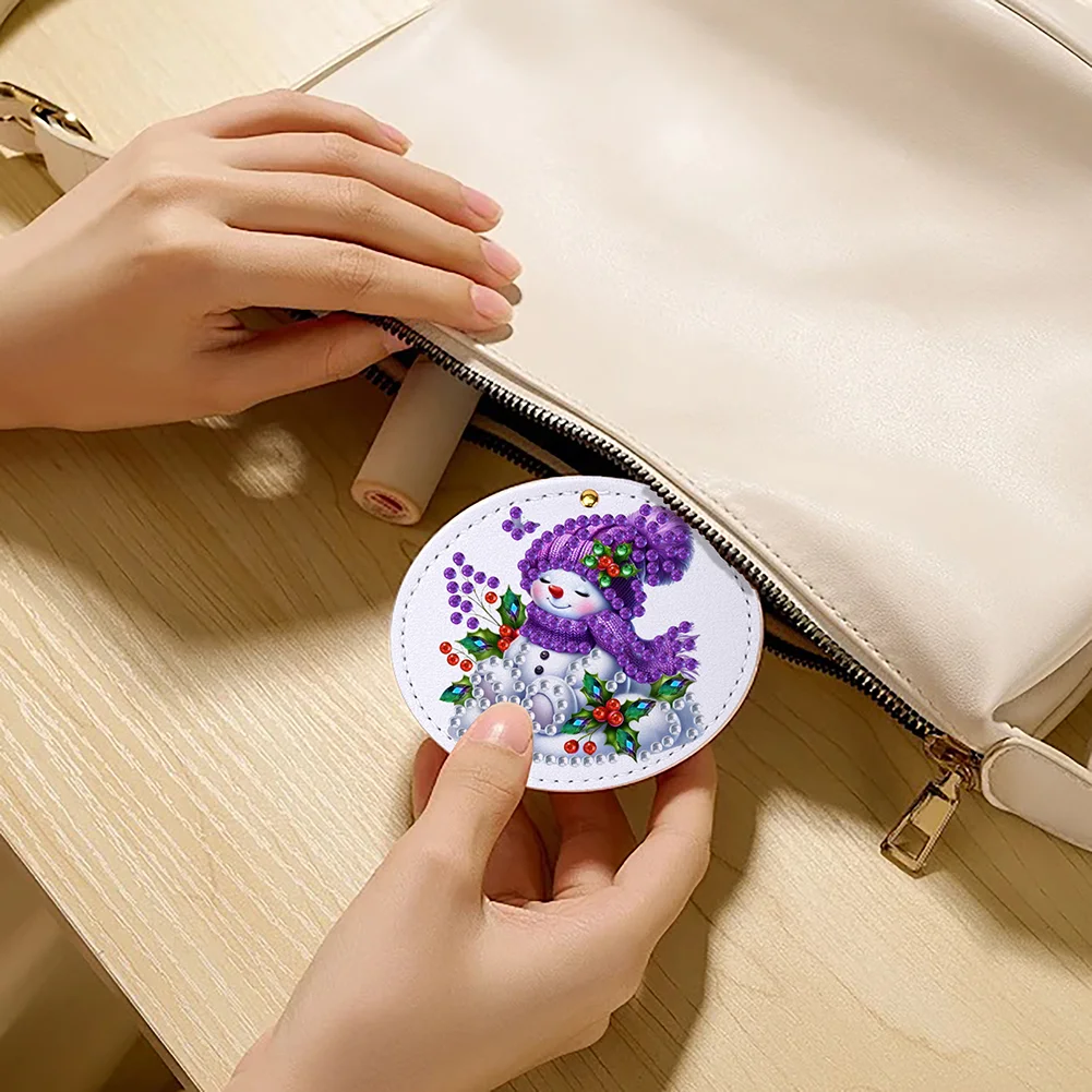 DIY Diamond Art Portable Cosmetic Mirror Round Diamond Painting Crafts (Snowman)