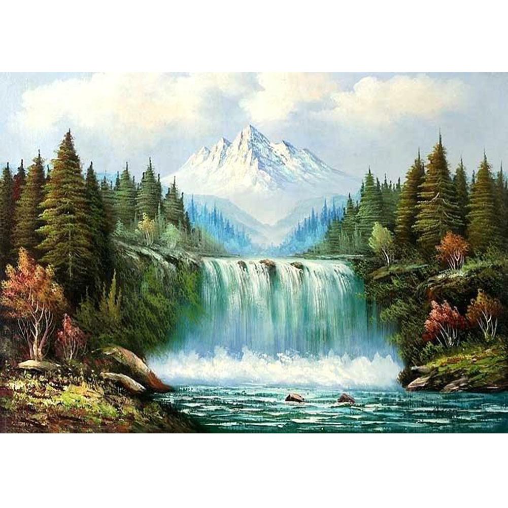 Full Round Diamond Painting Forest Mountain Waterfall