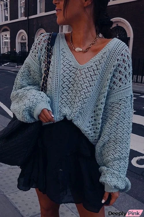 Hollow V Neck Puff Sleeve Sweater