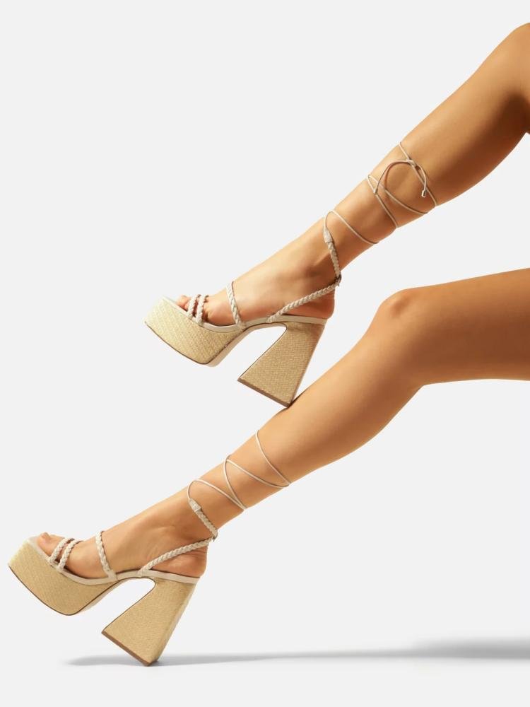 Braided Lace-Up Square Toe Platform Chunky Flared Heel Gladiator Sandals