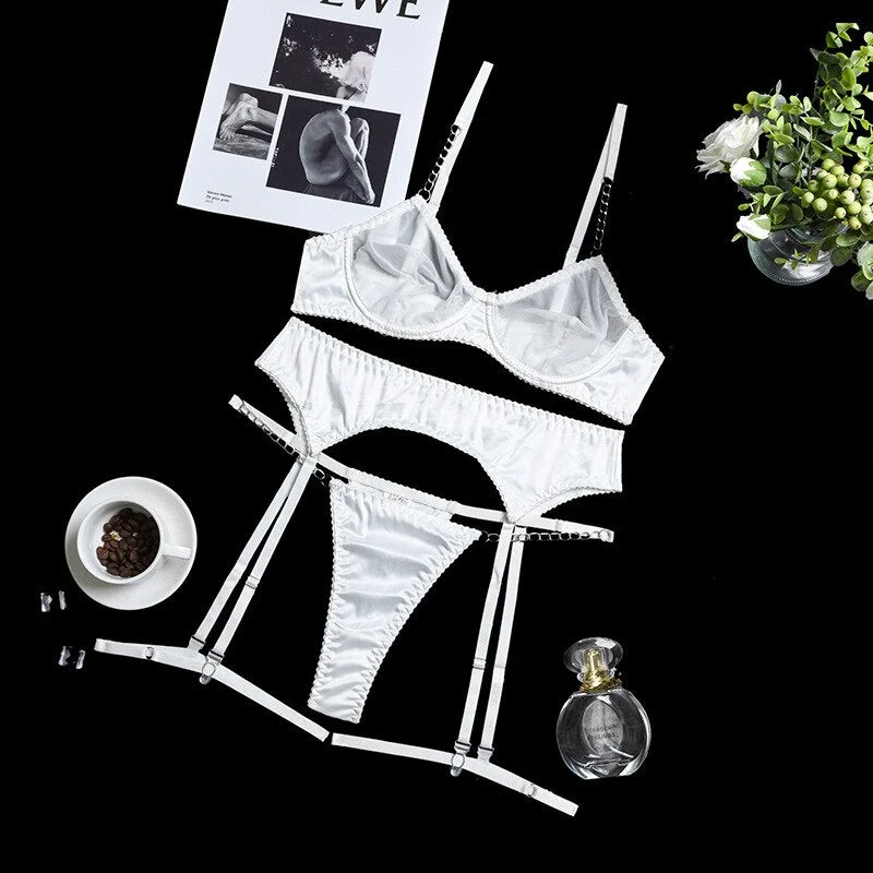 MIRABELLE Mesh Erotic Lingerie With Chain Sexy Lace See Through Bra Underwear Thongs Exotic Set Woman 3 Pieces Garters Outfits