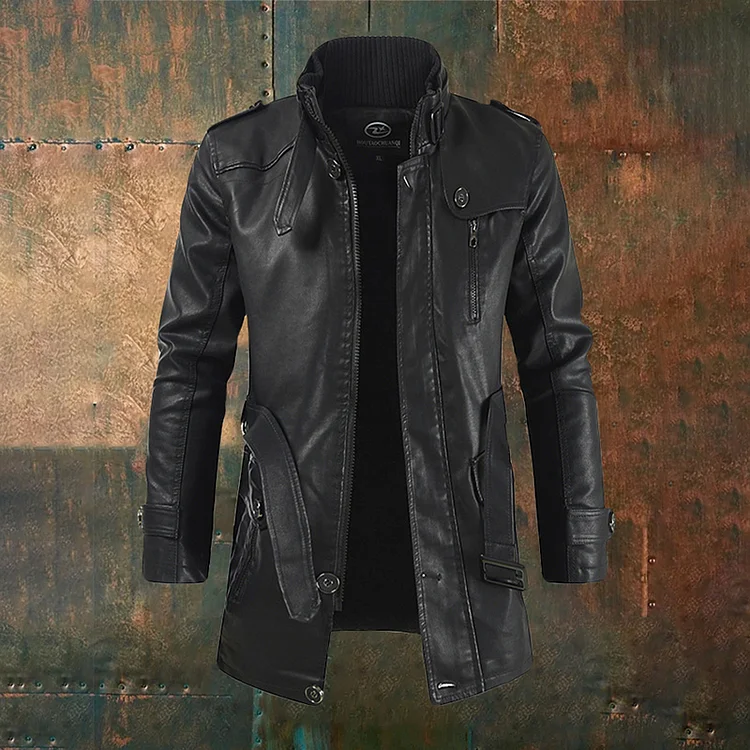 Men's Stand Collar Belted Leather Jacket