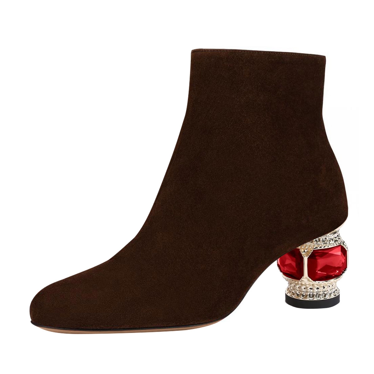 Dark Brown Faux Suede Pointed Toe Decorative Heel Side-Zip Booties Nicepairs