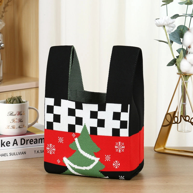 Christmas Unisex Polyester Animal Christmas Tree Santa Claus Cute Square Open Handbag Tote Bag