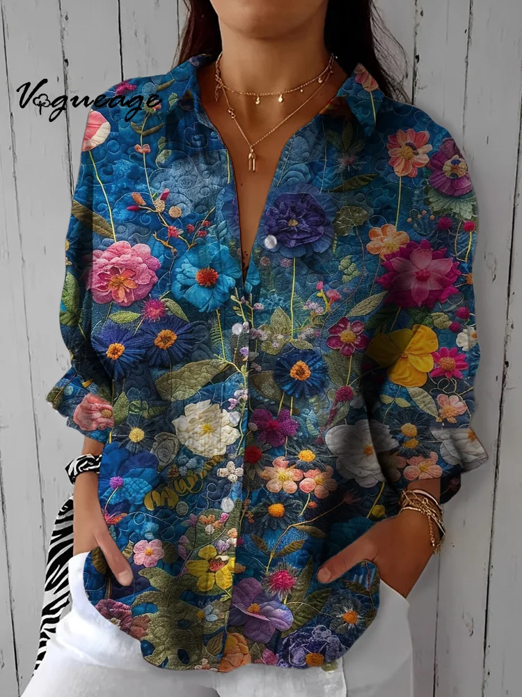Elegant And Dignified Flowers Printed Three-Quarter Sleeves Cotton And Linen Shirt
