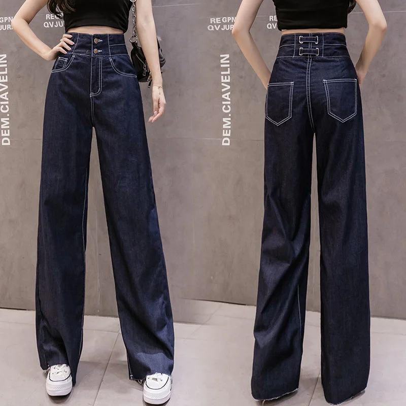 High Waist Jeans Women Denim Blue Vintage Solid Oversize Full Length New Style Wide Leg Womens Autumn Long Trousers Casual Soft