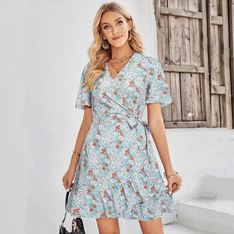 Summer Fashion V-neck Knot Ruffle Print A-line Casual Mini Dress