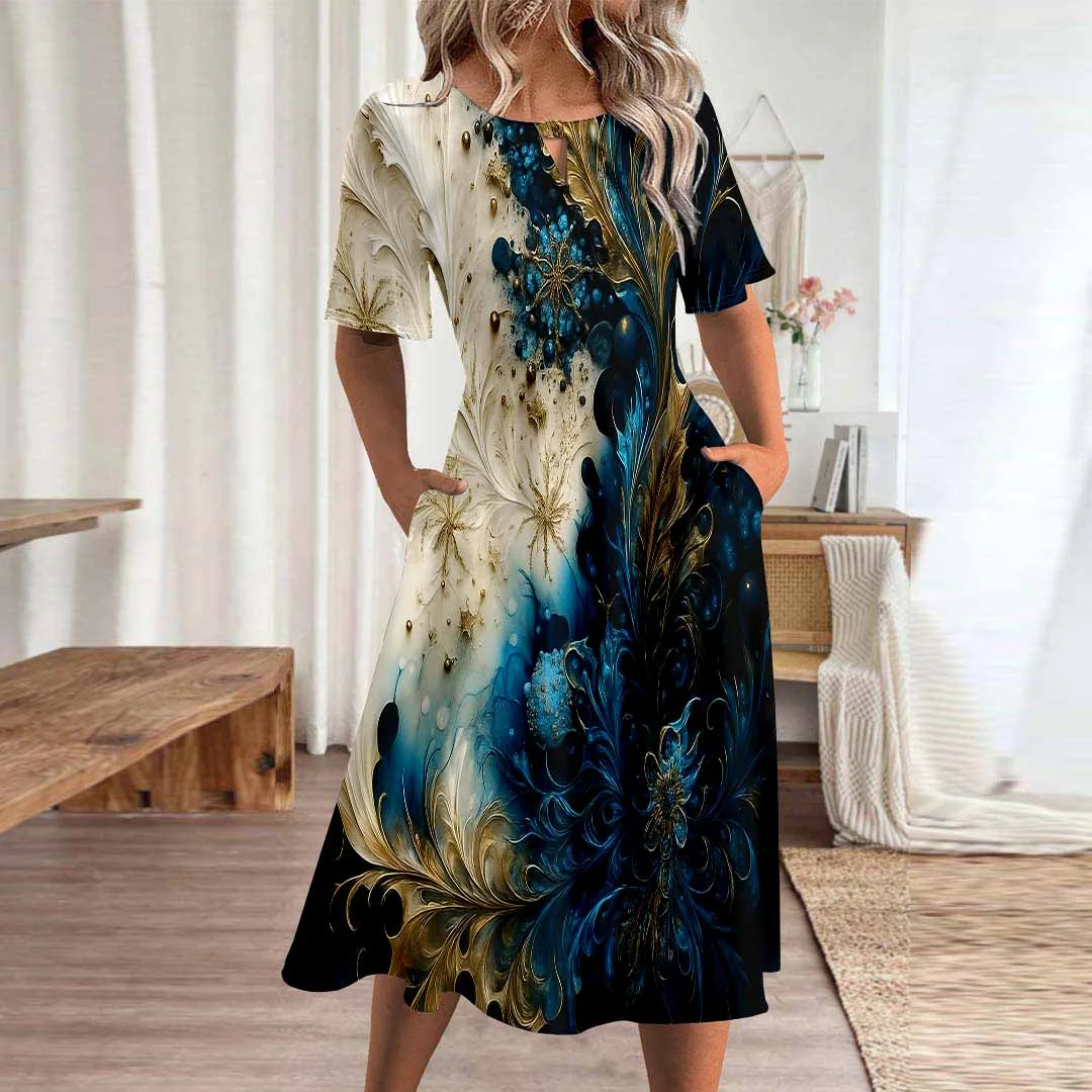 Women Graphic,Blue DZHA8357 Short Sleeve Scoop Neck Graphic Printed Hollow Midi Dress