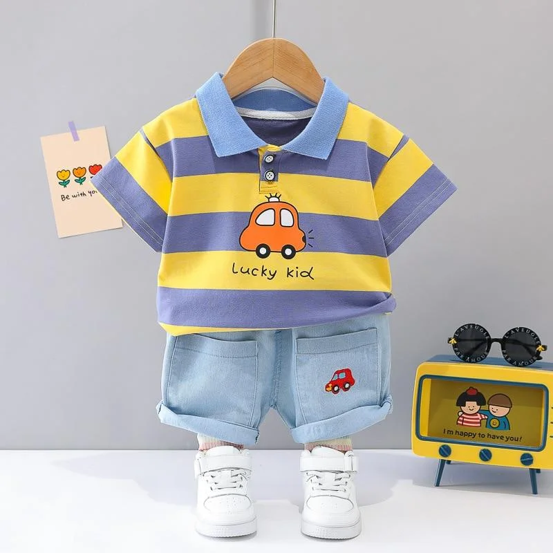 Toddler Baby Sets Kids Clothes Boys Summer Kits Fashion Stripes Cartoon Car Short Sleeve Casual Children Costume 1 2 3 4 Years