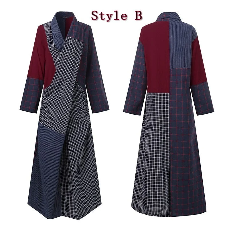 Stylish Asymmetrical Maxi Dress Womens Stitching Sundress ZANZEA 2022 Spring Long Sleeve Check Vestidos V Neck Robe Oversized
