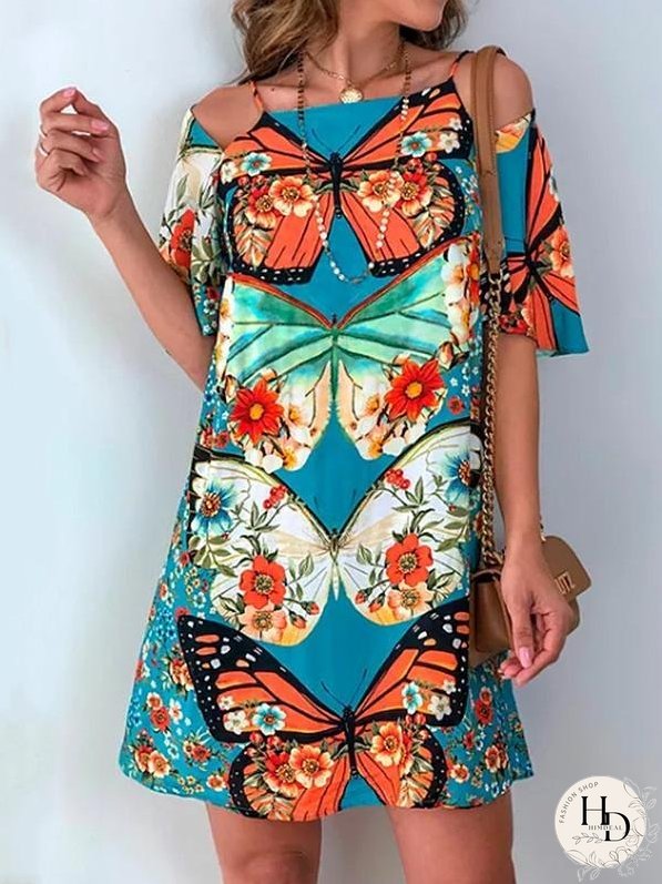 Butterfly Print Cutout Short Sleeve Dress for Women