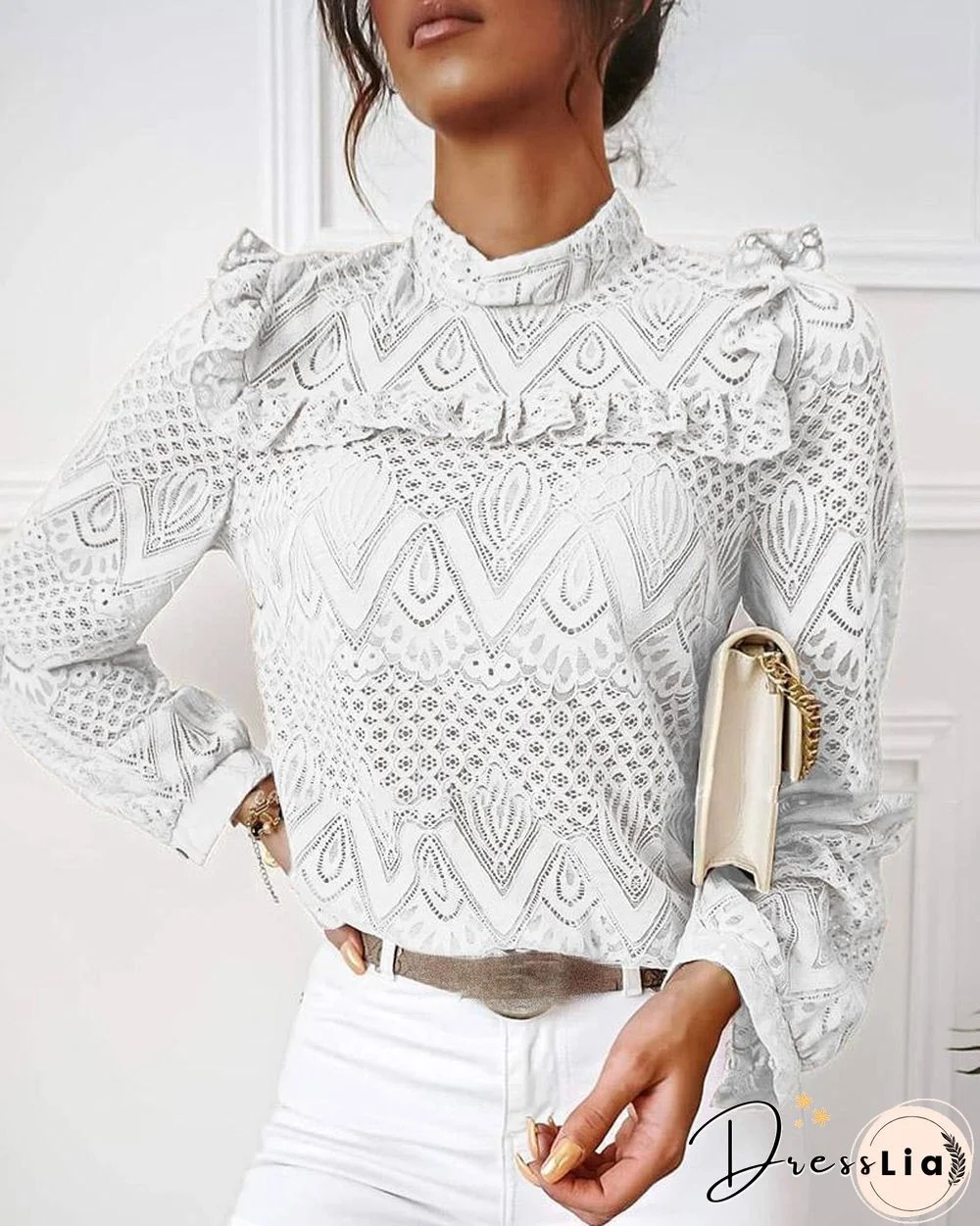 Fashion Sexy Lace Pleated Stitching Long Sleeve Top