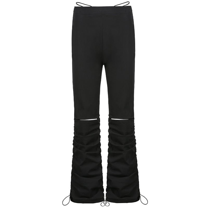 Rapcopter Hollow Out Pants Y2K Ruched Drawstring Trouser High Waist Cargo Pants Bandage Patchwork Pants Casual Women Streetwear