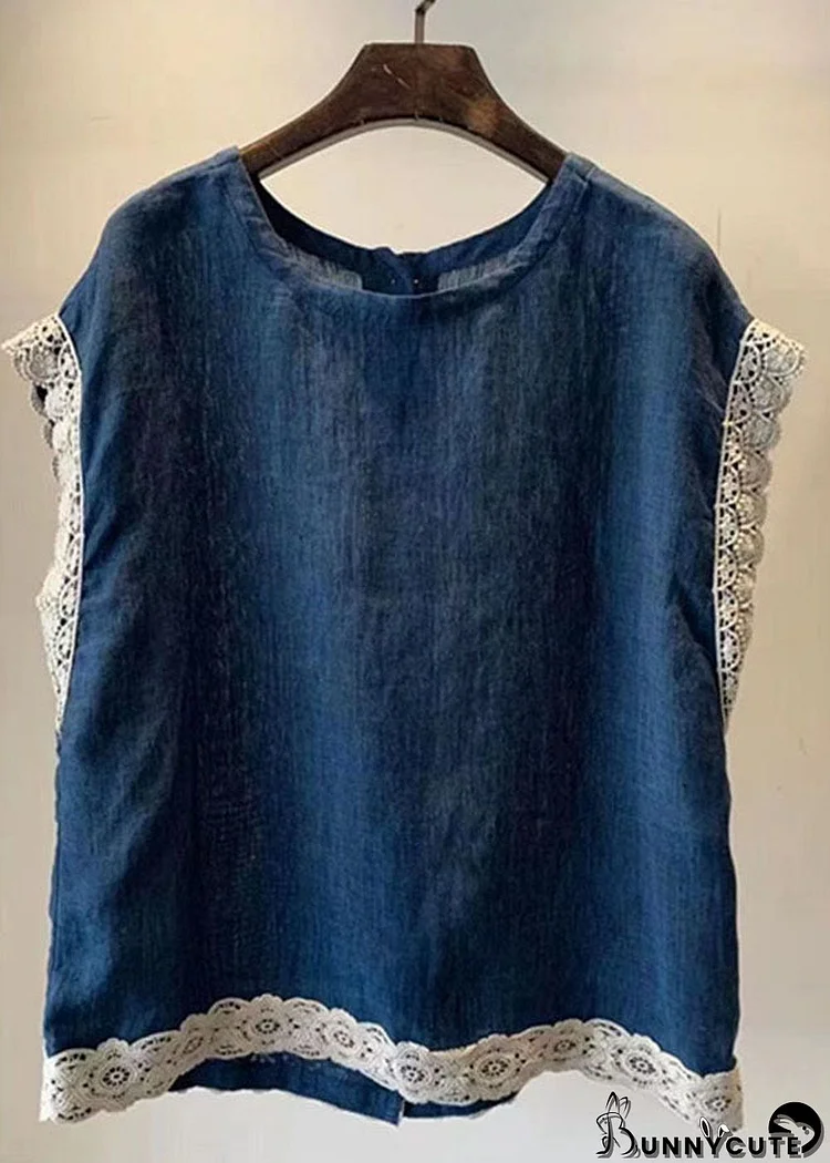 Simple Navy O Neck Lace Button Patchwork Linen Shirt Top Sleeveless