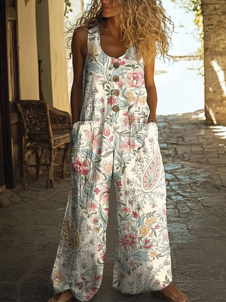 Women's Retro Floral Print Casual 100% Cotton Wide Leg Jumpsuit