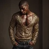 Men's Sequined Sequined T-shirt, Deep V-neck Long-sleeved Top by Inlyline