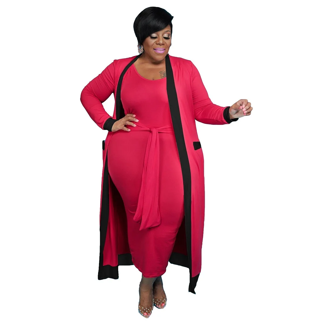Two Piece Sets Plus Size Women Clothing 2021 Fall Clothes Wholesale Dress with Belt Long Sleeve Coat Matching Suits DropShipping