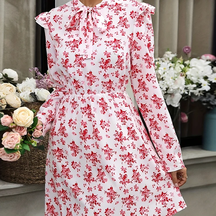 Floral Print Tie Front Dress, Elegant Long Sleeve Ruffle Trim Dress For Spring & Fall, Women's Clothing