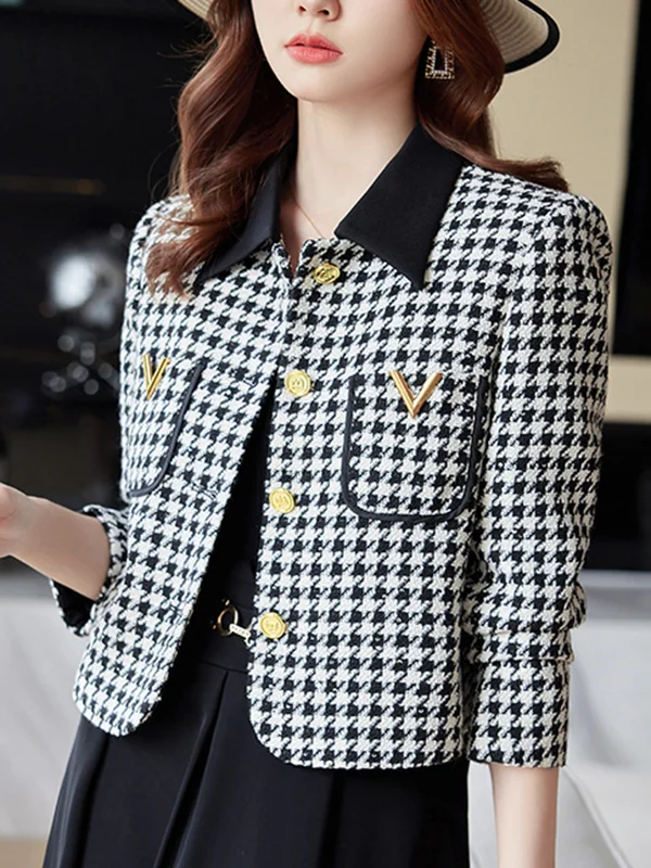 Long Sleeves Plus Size Buttoned Houndstooth Pockets Split-Joint Lapel Outerwear