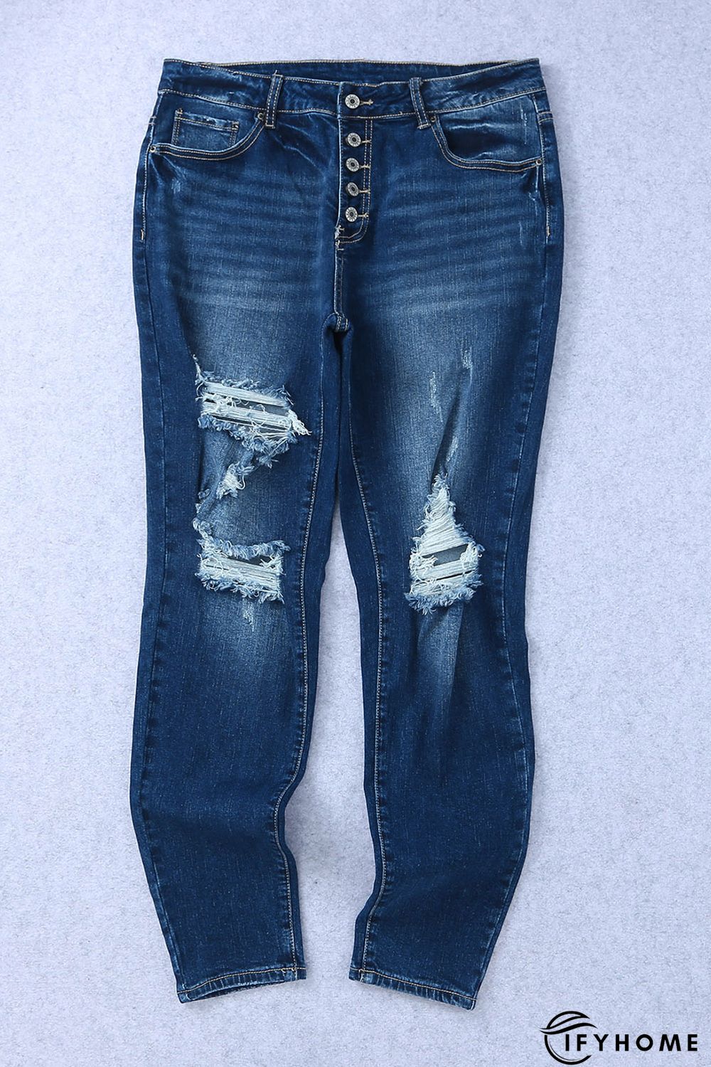 Blue Medium Wash Button Fly Distressed Plus Size Jeans | IFYHOME