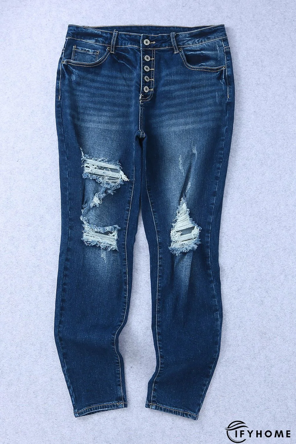 Blue Medium Wash Button Fly Distressed Plus Size Jeans | IFYHOME