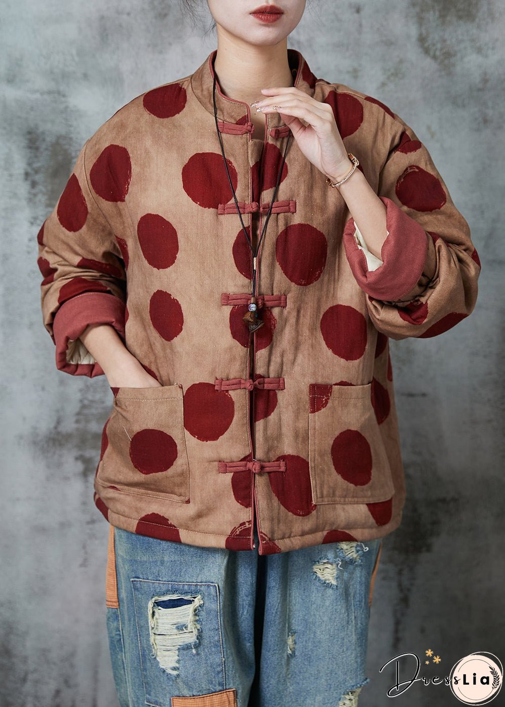 Women Orange Print Chinese Button Fine Cotton Filled Coat Winter